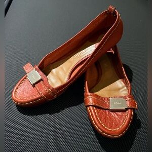 CHLOE Red Buckle Loafers. Size: 39.5 (Runs one-size small)